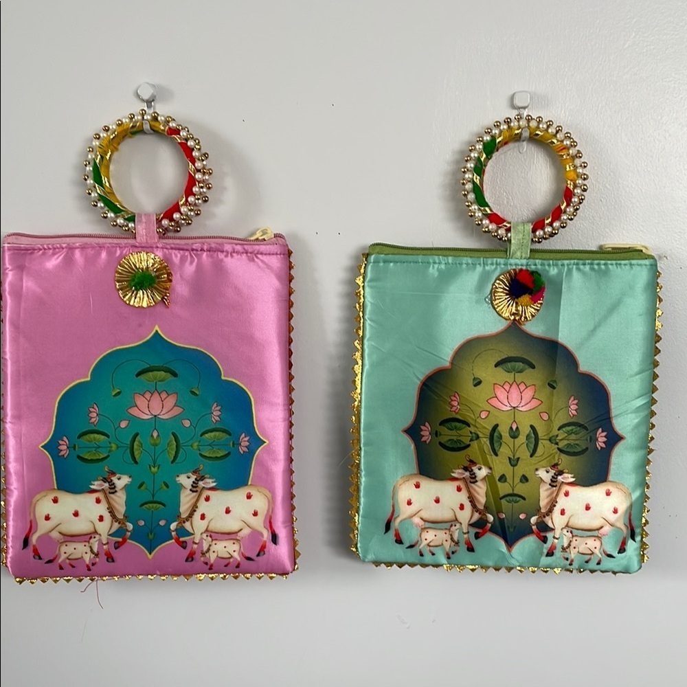 Indian Pichwai Elegant Pink and Green Handcrafted Women's Bag